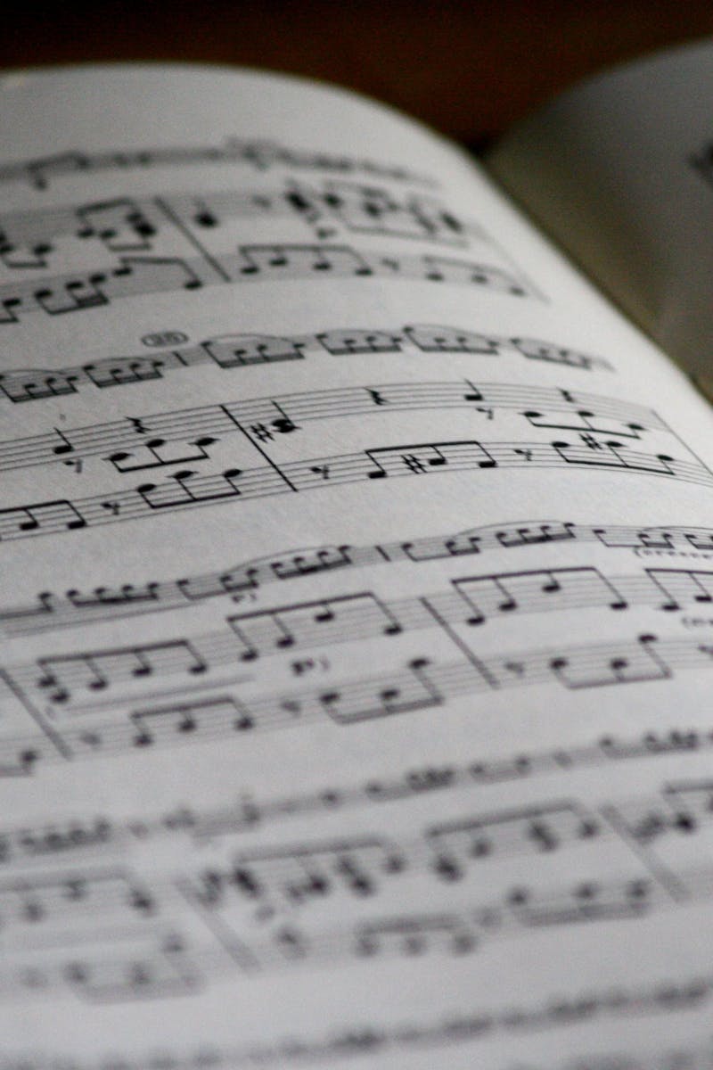 Detailed close-up of a music sheet showing complex musical notes and compositions.